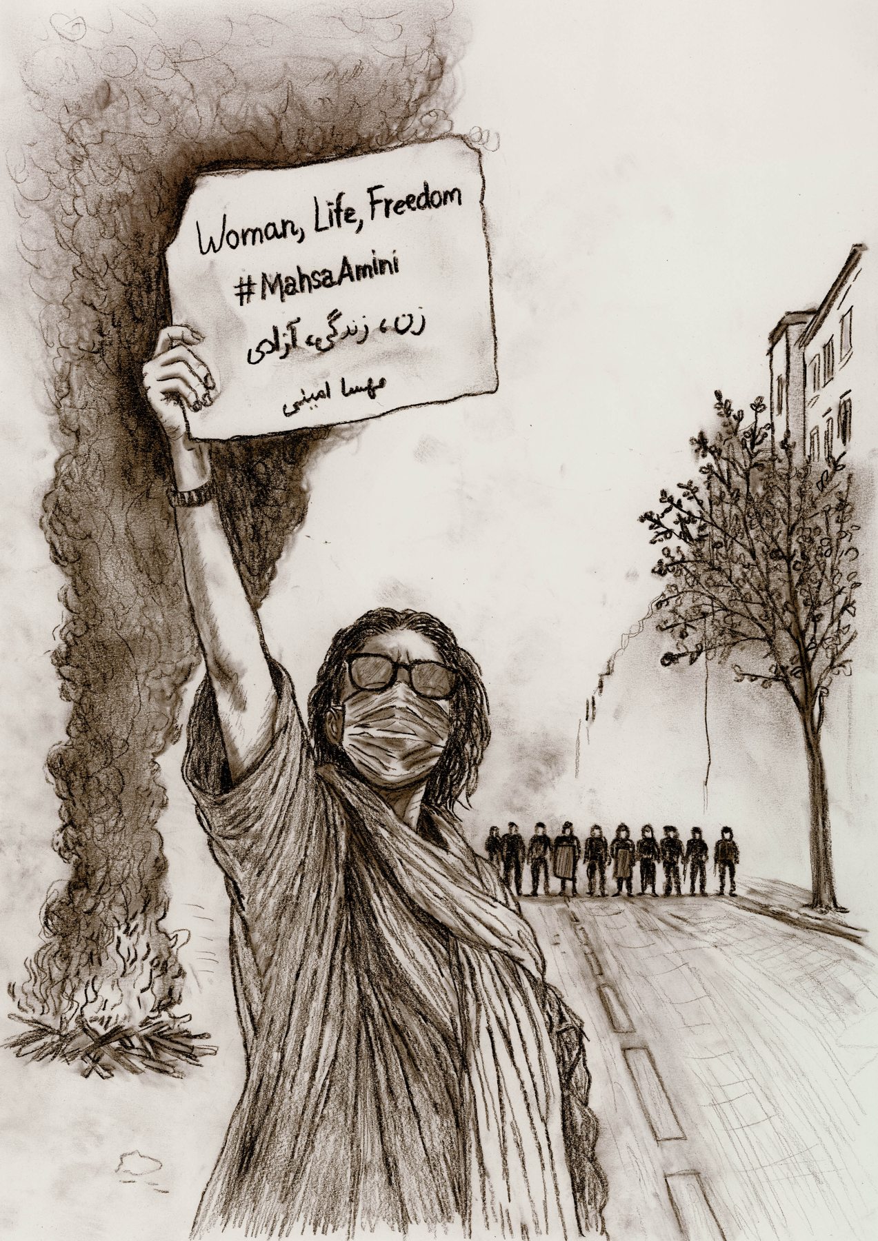 Plakat med tekst: Woman, Life, Freedom